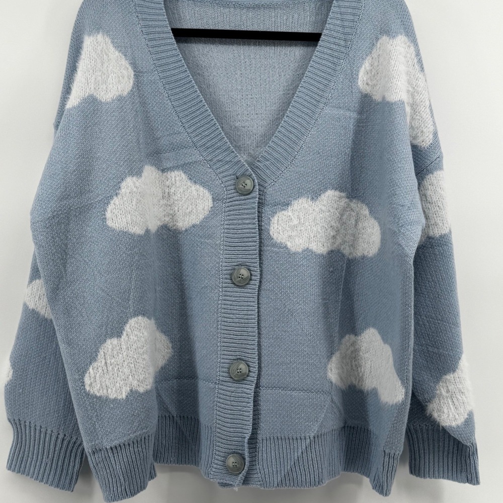Blue Cloud Print Knit Cardigan Sweater Women Medium Coquette Soft Girl Oversized